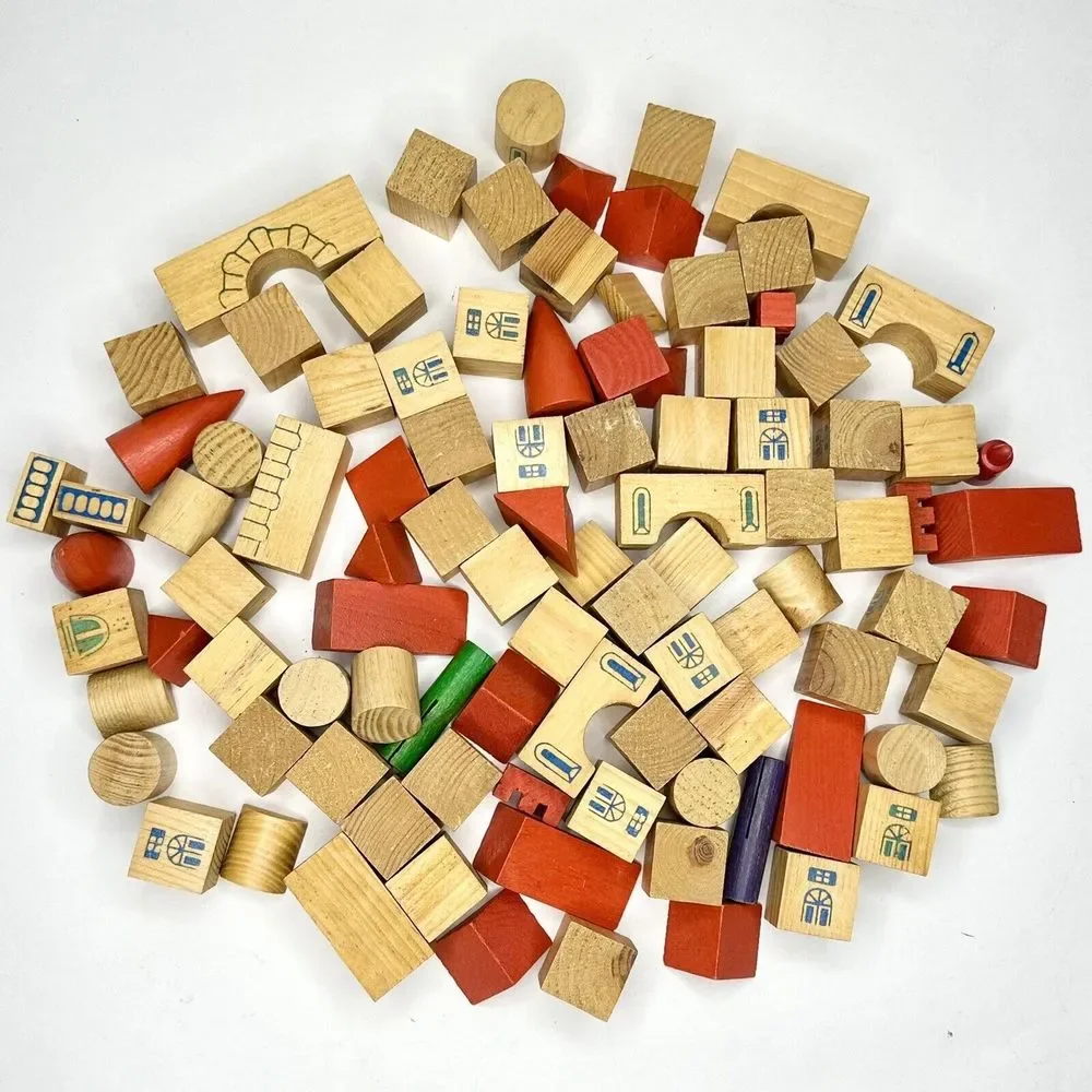 Vintage Building Blocks For Kids Town‎ Set 90 Pcs. Rounds, Rectangles, Triangles